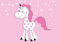 Cute unicorn in hearts with pink hair. Unicorn cartoon with white hearts on threads.